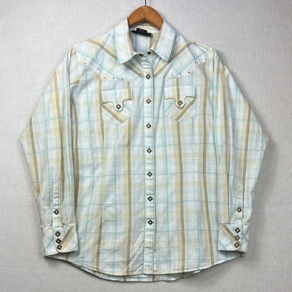 ARIAT Women’s XL Plaid Snap Front Western Shirt Top Long Sleeve Studded Collared - Picture 1 of 11